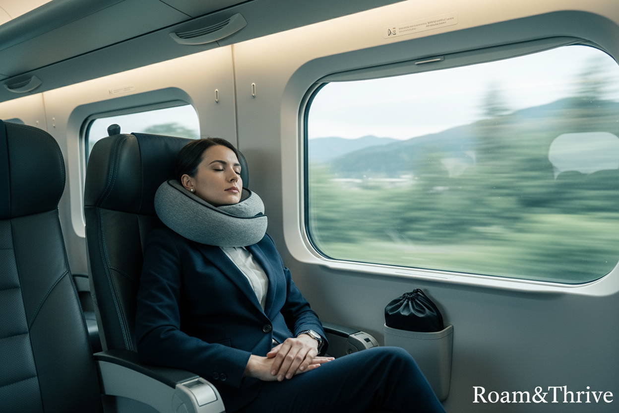 新幹線で360度ネックピローを使用するビジネスウーマン