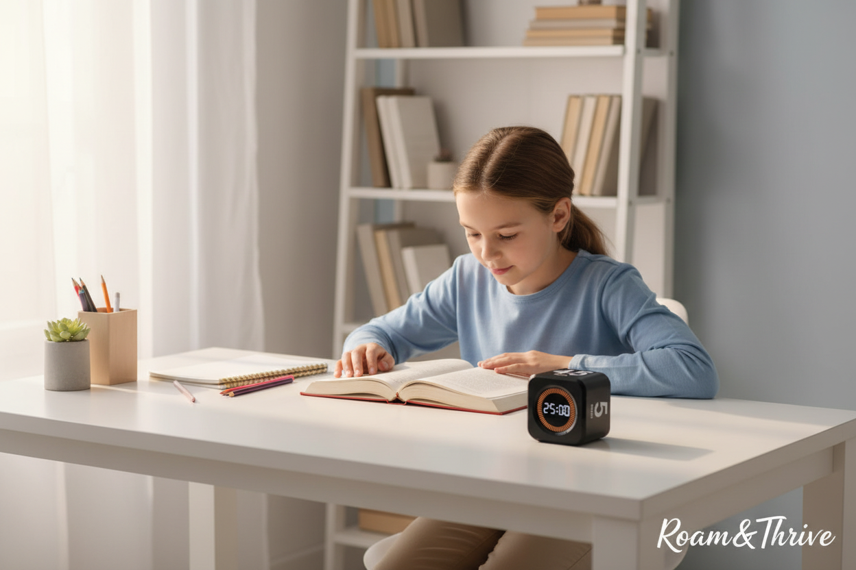 Child studying with focus timer