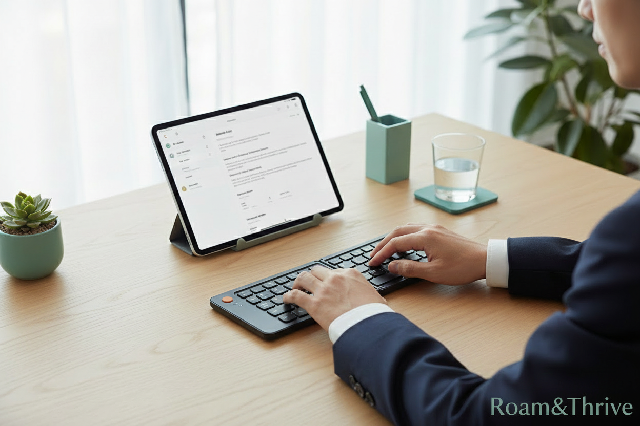 Keyboard lifestyle image with Roam&Thrive branding