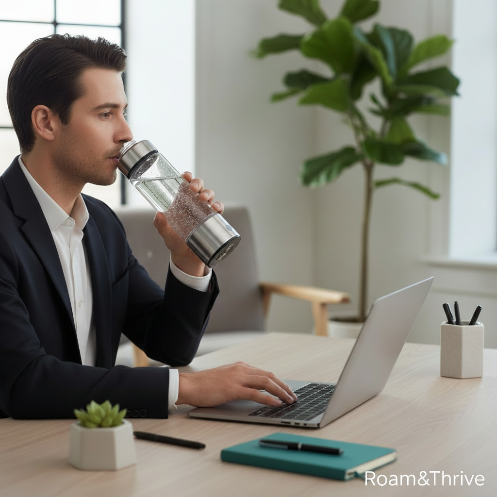 Professional Office Scene with Hydrogen Water Bottle