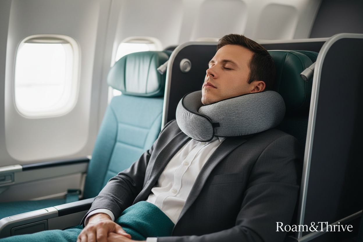 ビジネスクラスで360度ネックピローを使用するビジネスマン