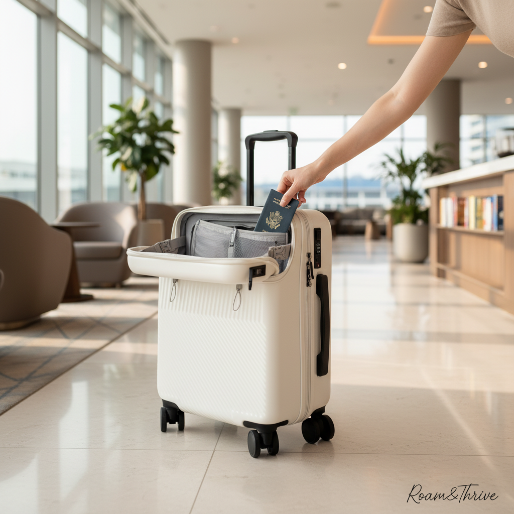 空港ラウンジでパスポート取り出しシーン