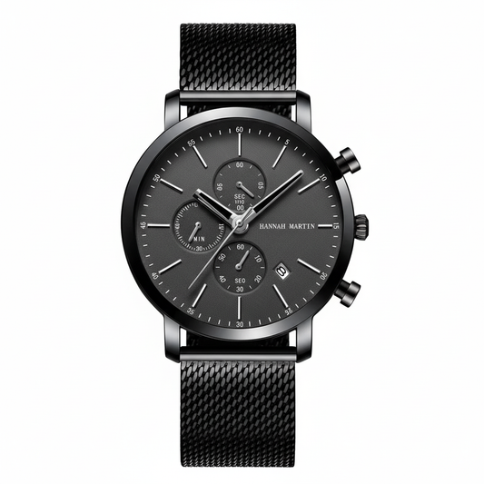 オールブラッククロノグラフウォッチ - 白背景