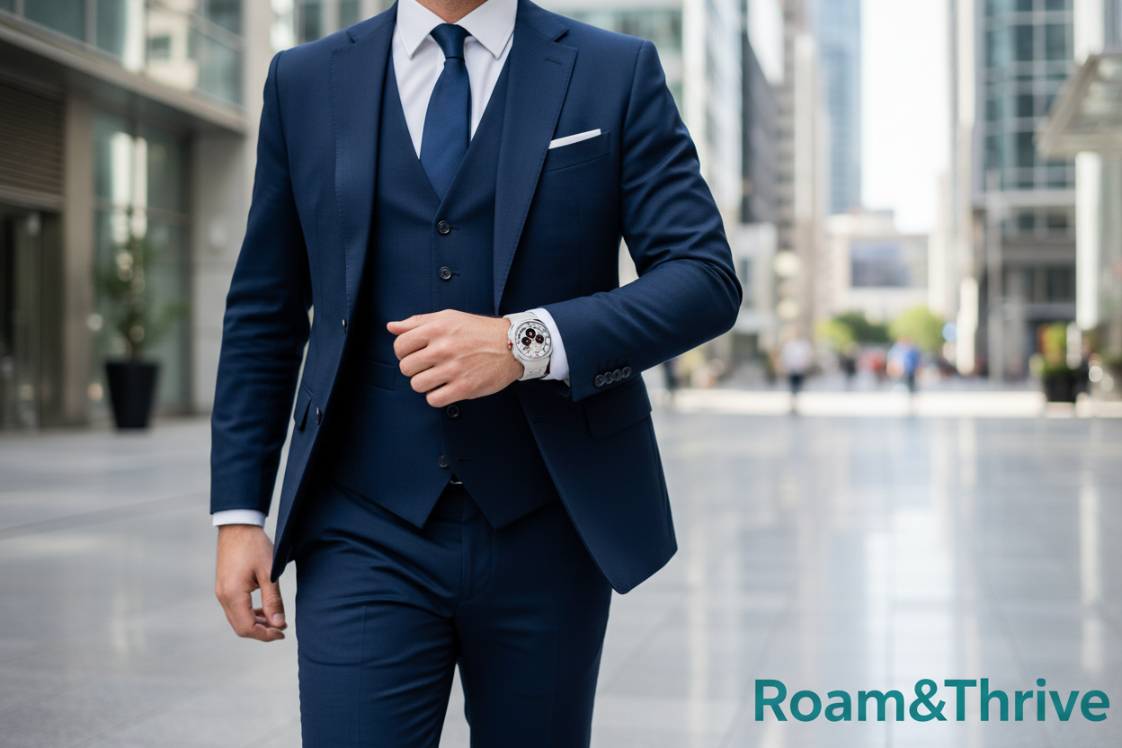 ビジネスマンがスマートウォッチを着用して街中を歩く