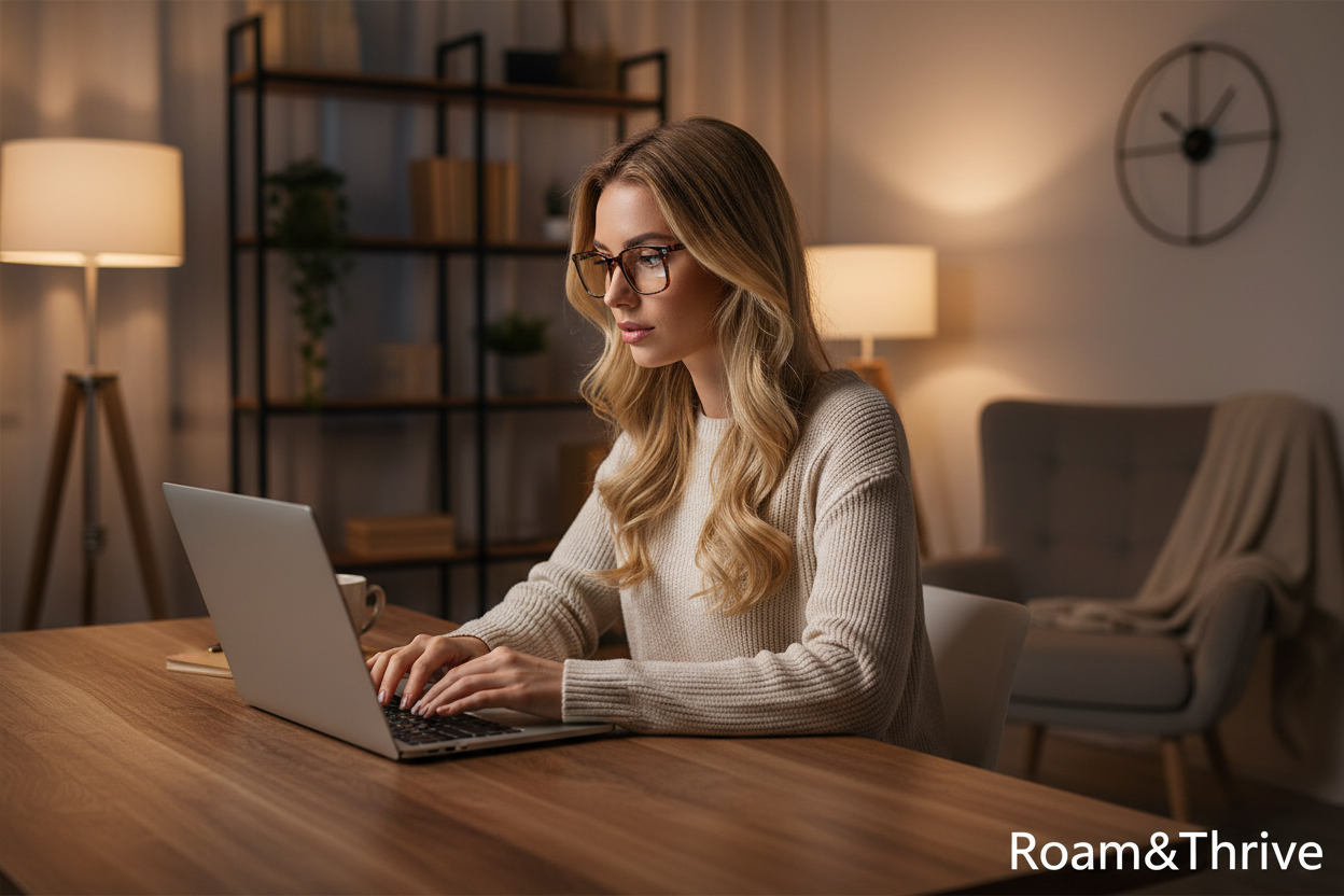 金髪美女パソコン作業