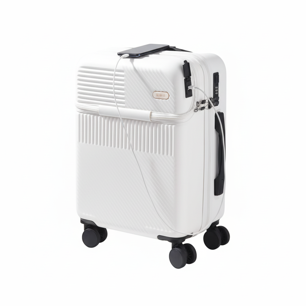 ケーブル付き白背景の白いスーツケース