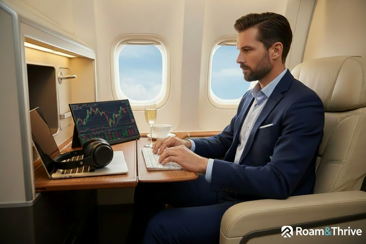 飛行機内デュアルモニター