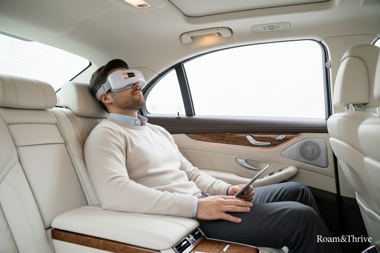 高級セダン後部座席でリラックスする男性