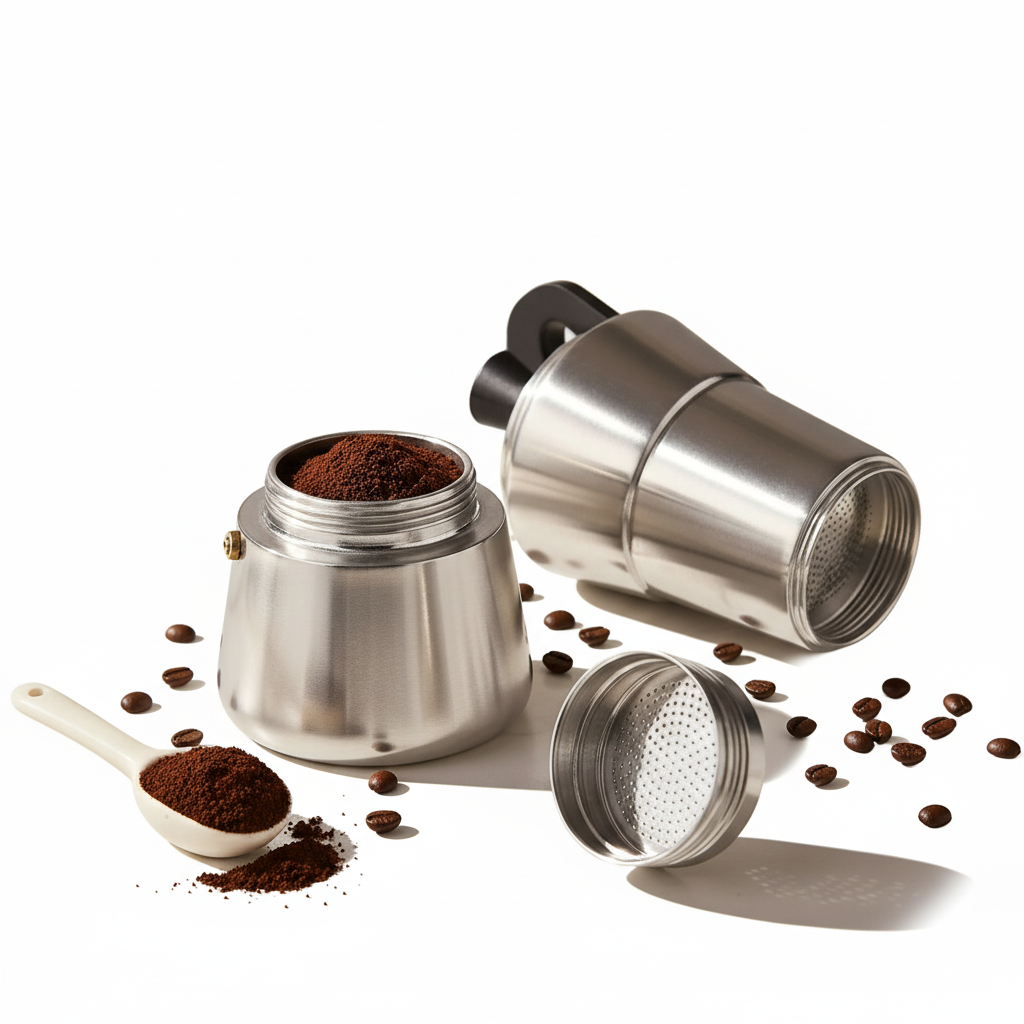 モカポット - コーヒー豆とパウダー付き白背景