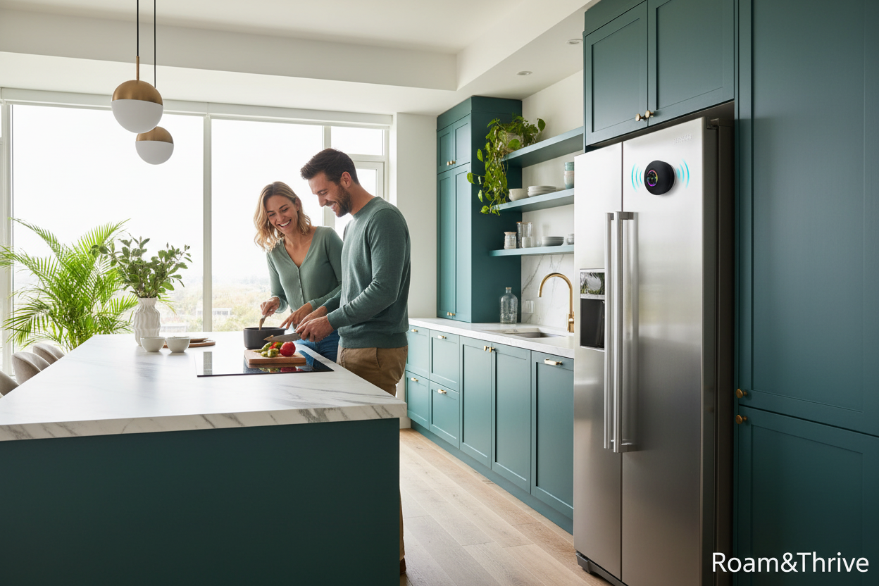 高級アパートのキッチンで音楽を楽しむカップル