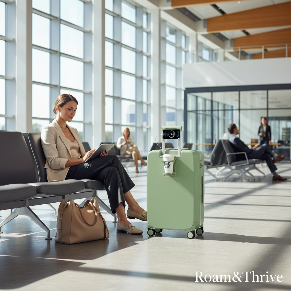 空港で座る女性とスーツケース