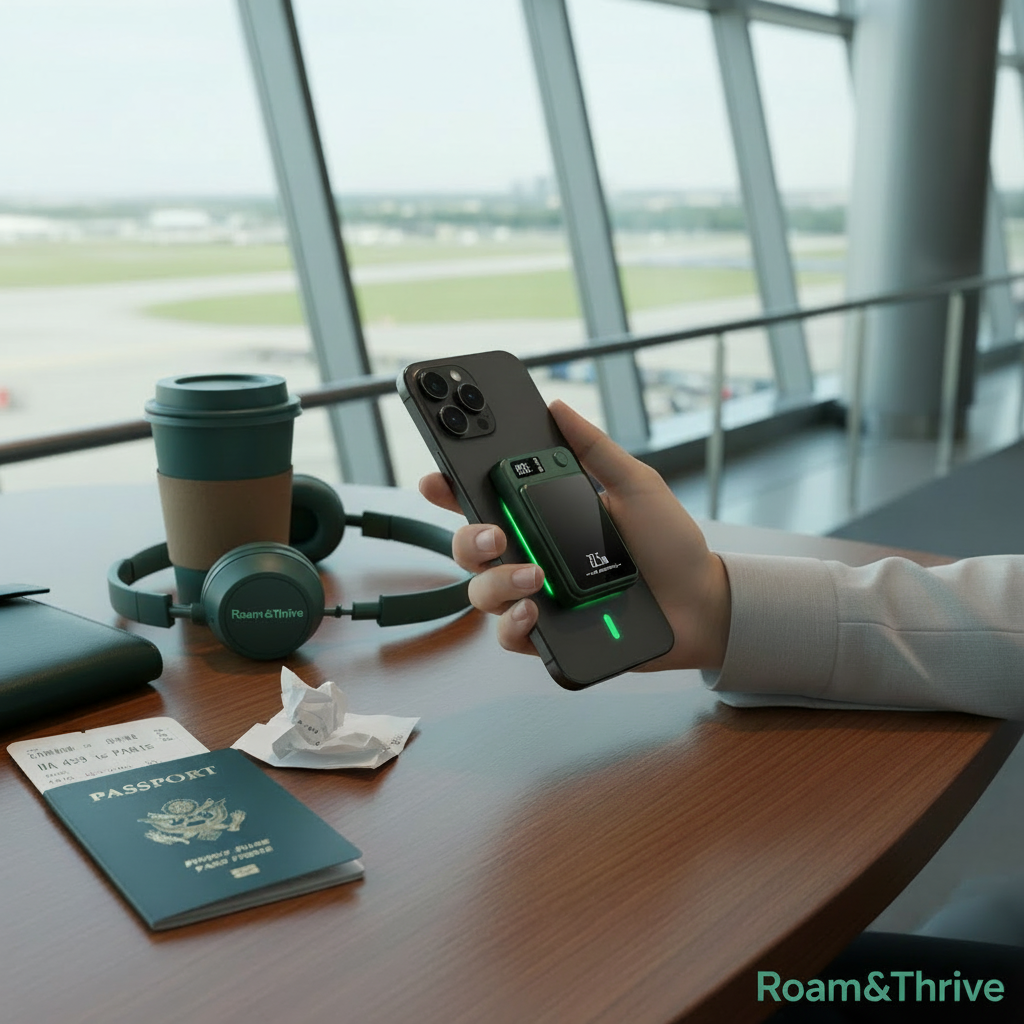 Airport Travel Scene with Roam&Thrive branding