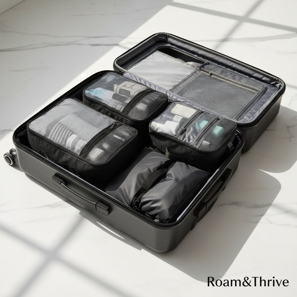 Black suitcase packed with organizers on marble - Roam&Thrive