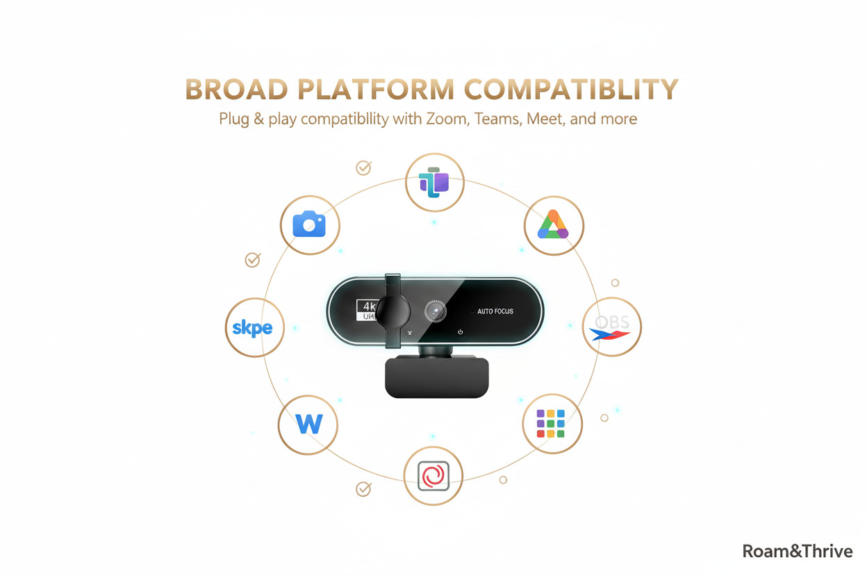 Broad platform compatibility webcam on white background with Roam&Thrive branding