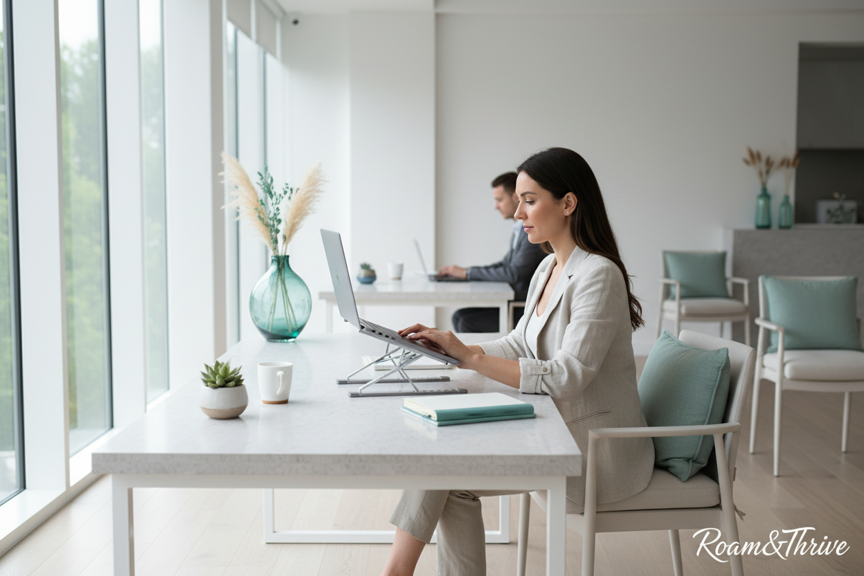 Business professional working with laptop stand