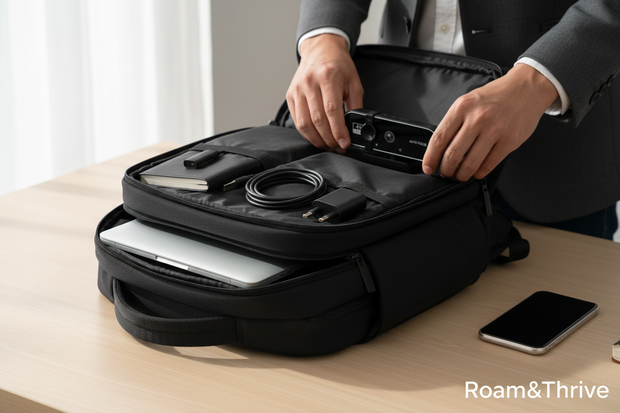 Business travel packing scene with webcam and laptop