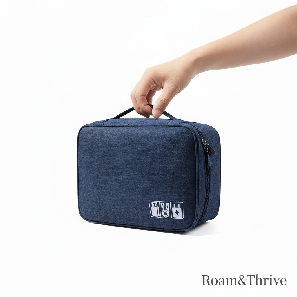 Cable organizer with Roam&Thrive branding