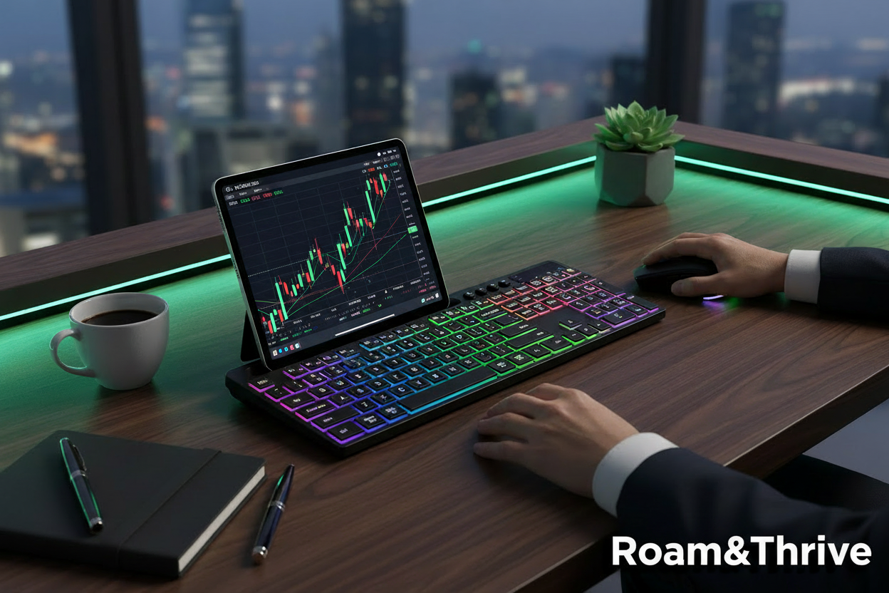 City office workspace with visible Roam&Thrive branding