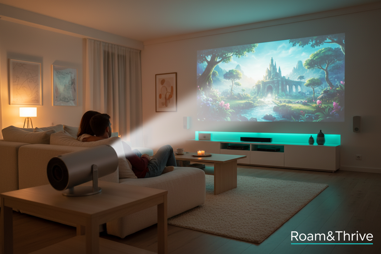 Couple watching large projection with Roam&Thrive