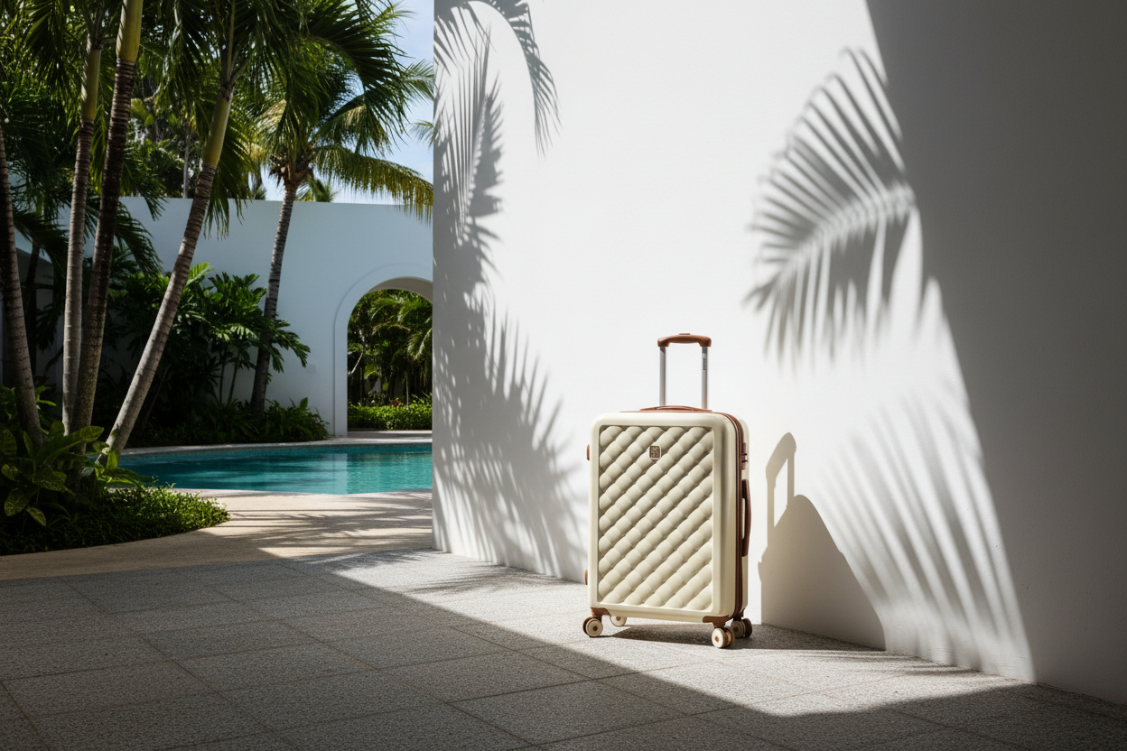 Cream Quilted Suitcase - High Contrast Palm Resort