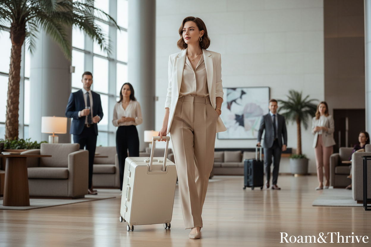 Elegant Traveler with Suitcase in Airport Lounge
