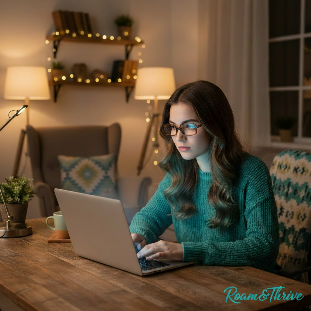 Focused Woman Working on Laptop at Night
