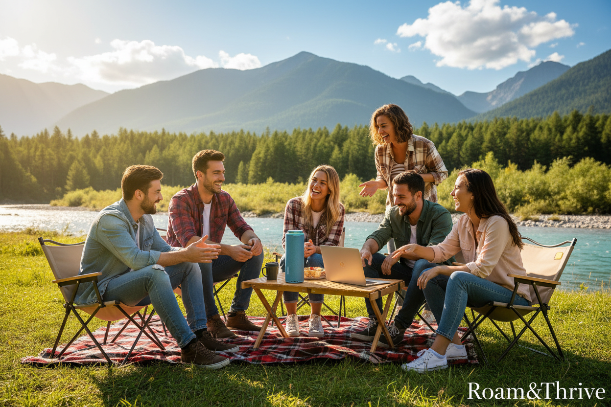 Group camping with Roam&Thrive Bluetooth speaker by stunning riverside