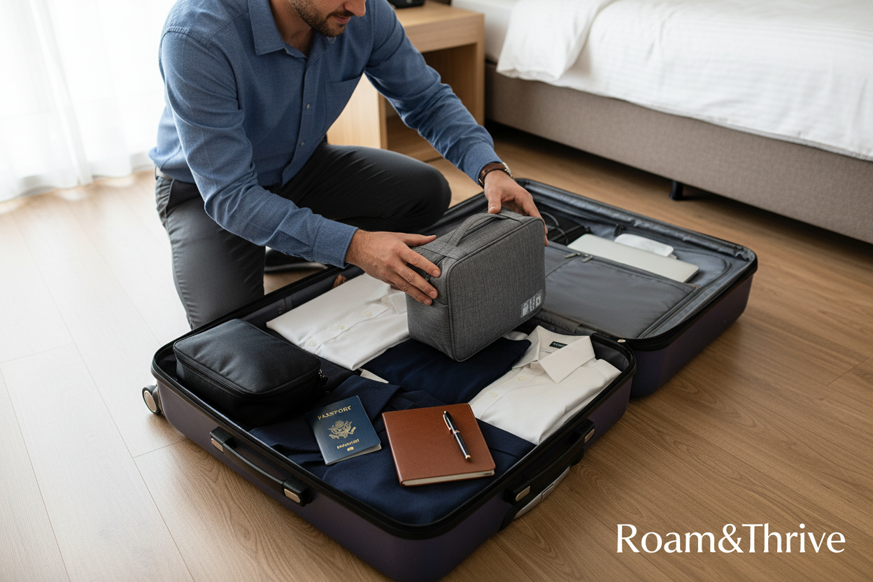 Man packing cable organizer in suitcase