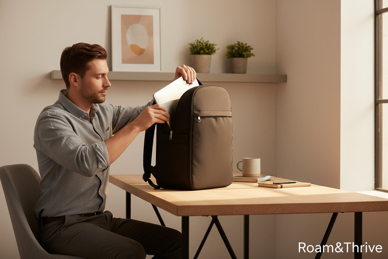 Man taking laptop from backpack in workspace