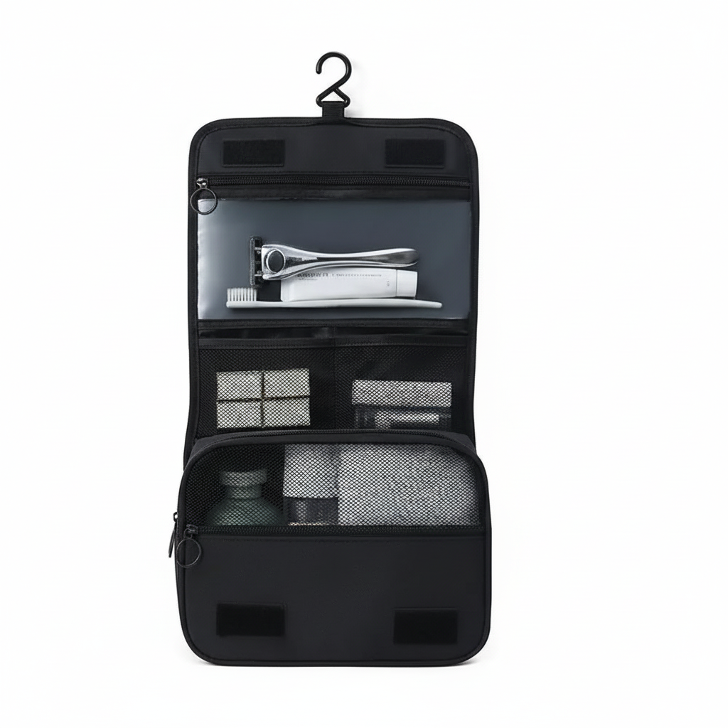 Open black hanging toiletry organizer