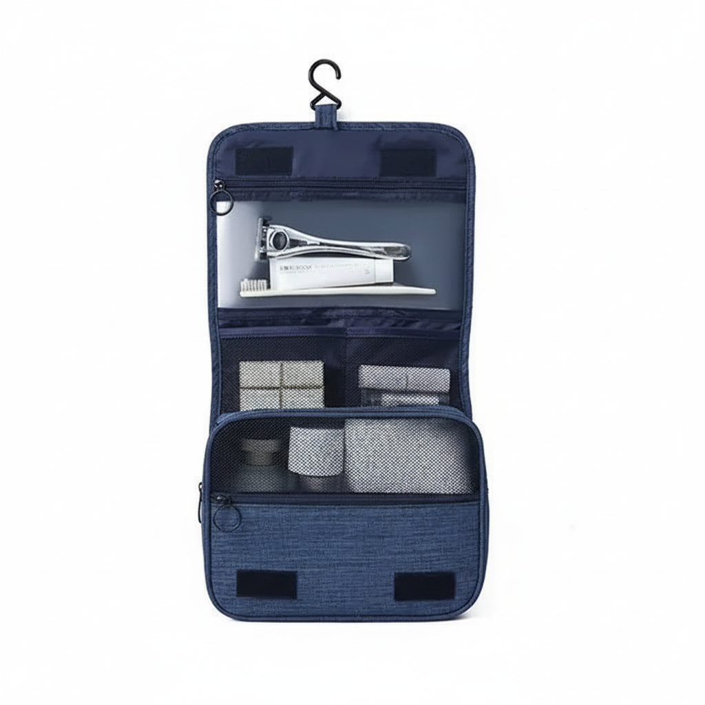 Open navy blue hanging toiletry organizer