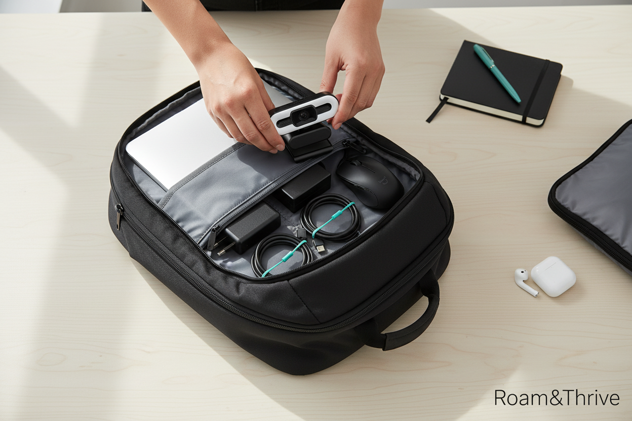 Packing webcam in laptop bag - top view with Roam&Thrive