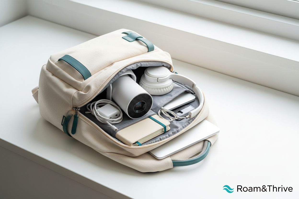 Portable projector in travel bag with Roam&Thrive