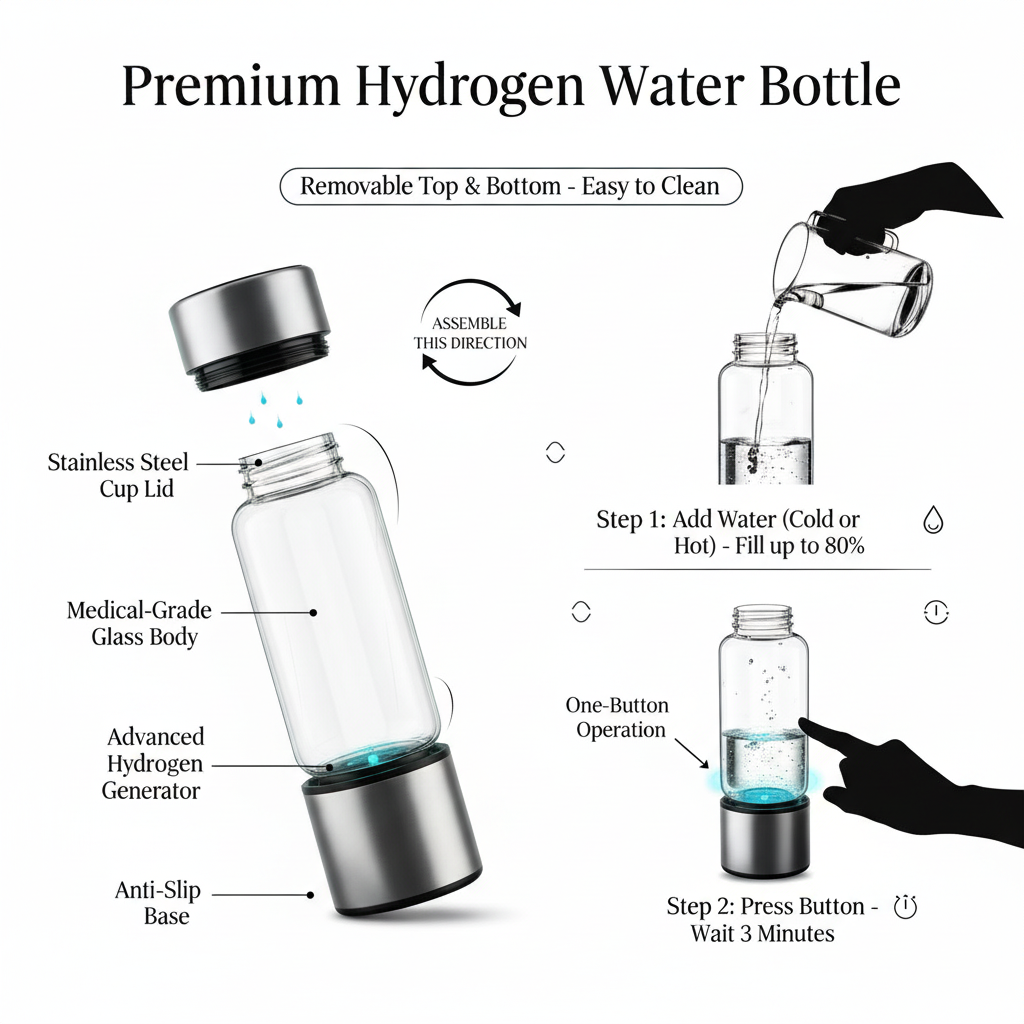 Premium Hydrogen Water Bottle Instructions - White Background