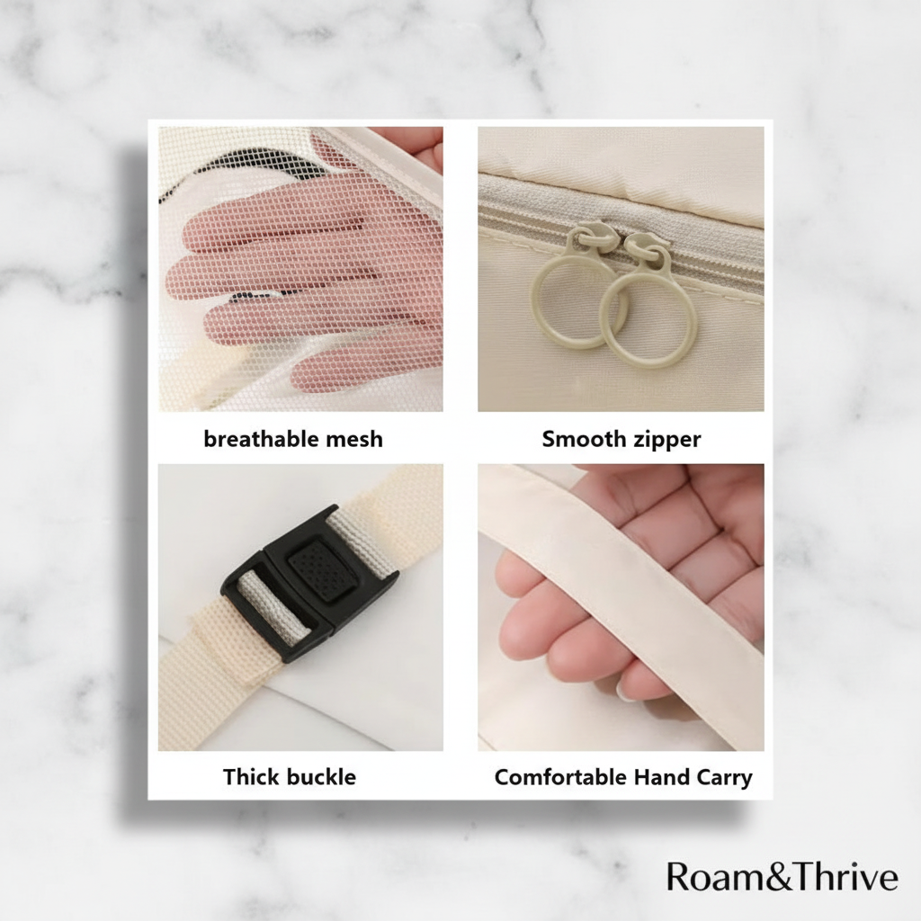 Product features with marble background - Roam&Thrive