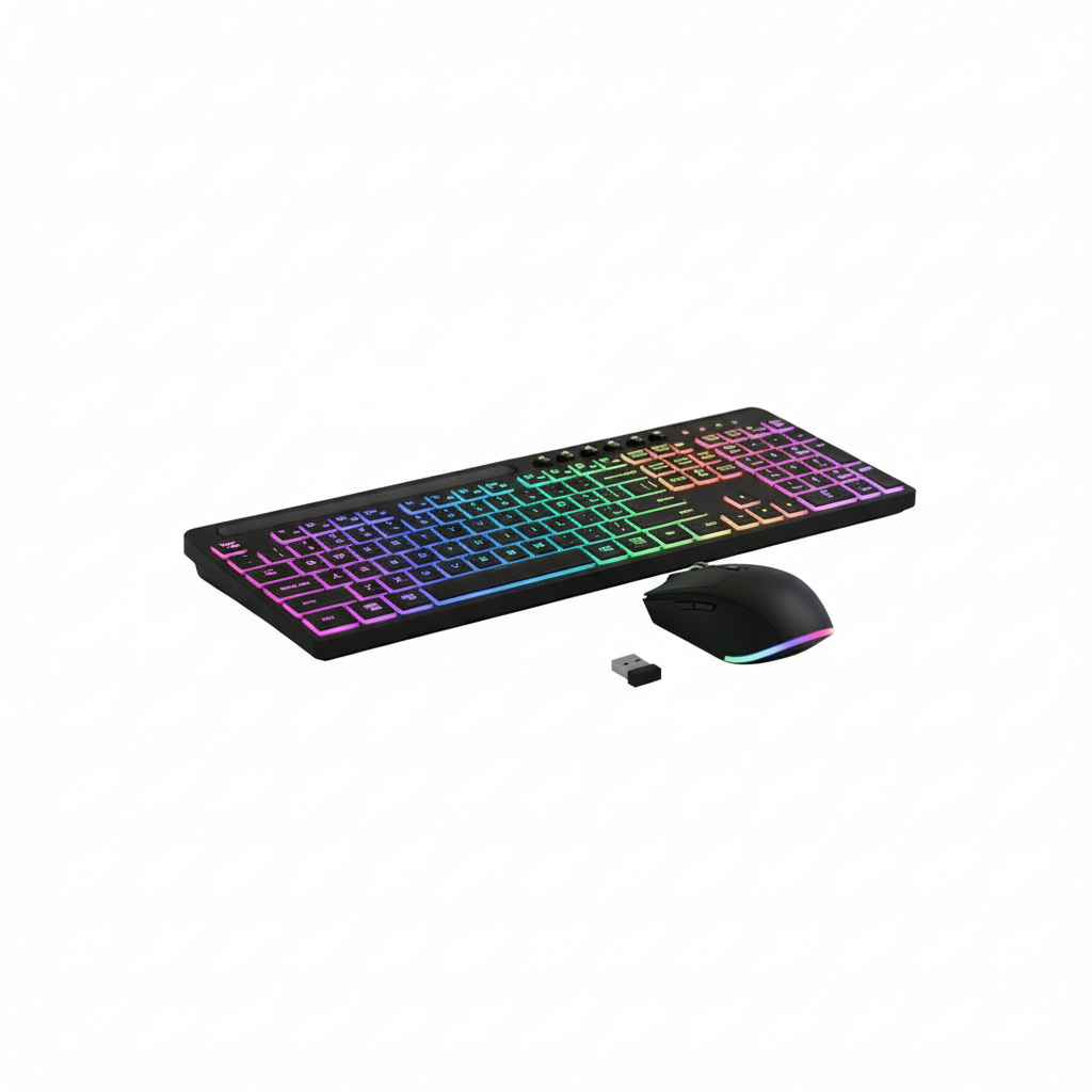 RGB gaming keyboard and mouse on white background