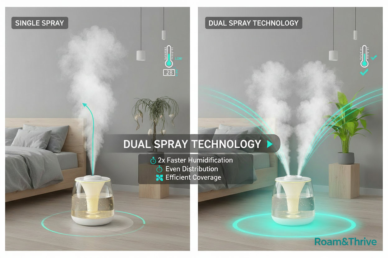 デュアルスプレー技術画像 - Roam&Thriveロゴ付き