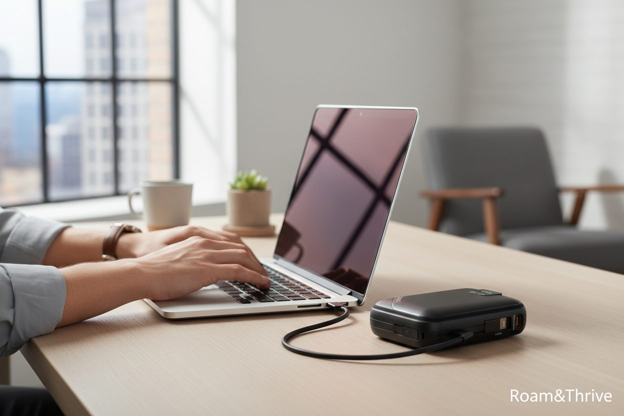 パソコン充電作業シーン - Roam&Thrive