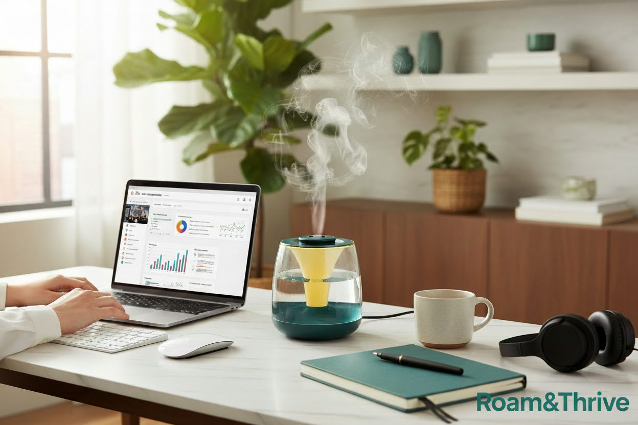 ホームオフィス画像 - Roam&Thriveロゴ付き