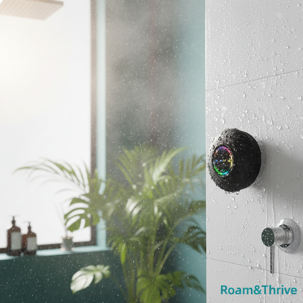 Shower speaker scene with Roam&Thrive branding