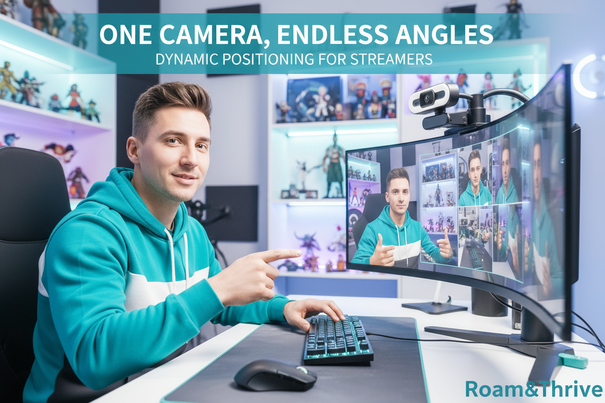 Streamer setup with bright background and Roam&Thrive, no badge