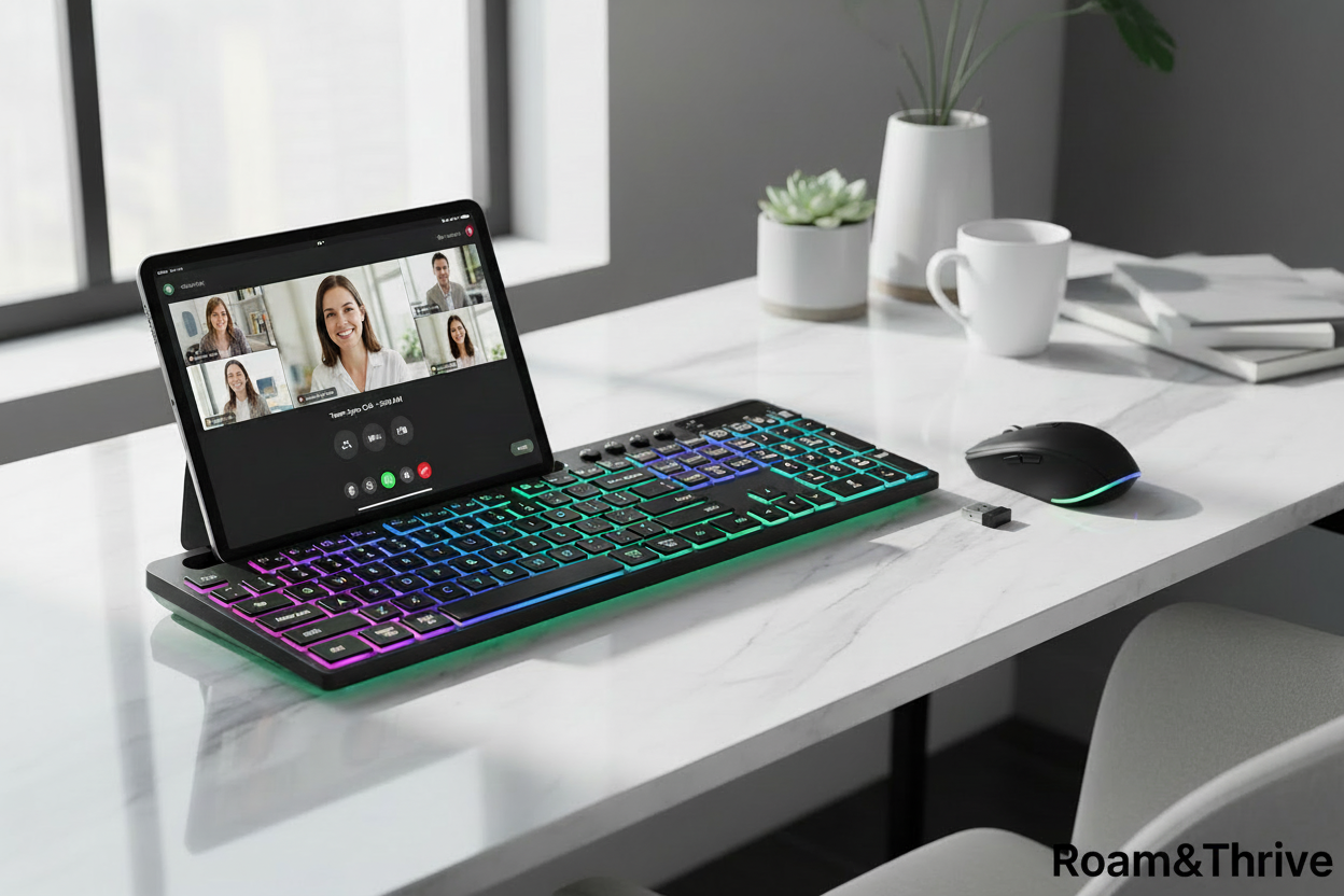 Tablet stand workspace with Roam&Thrive branding