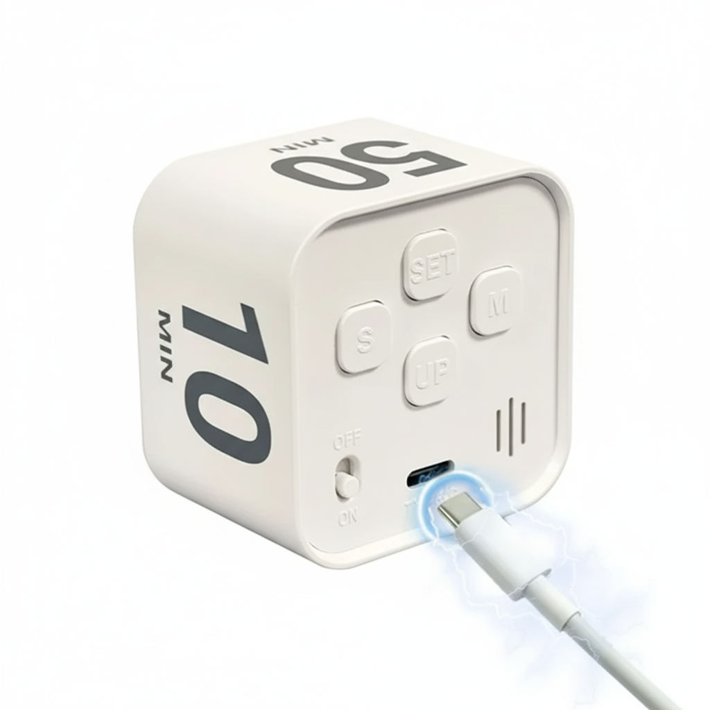 Timer with charging cable on white background