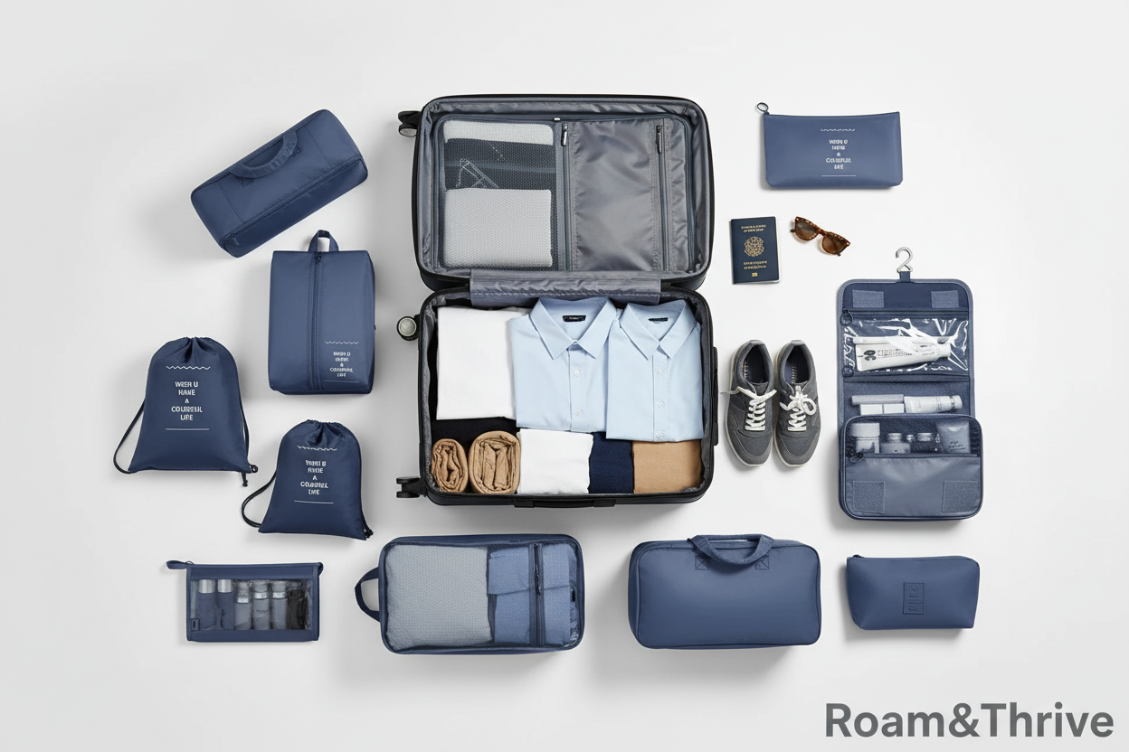 Travel packing scene with Roam&Thrive organizers