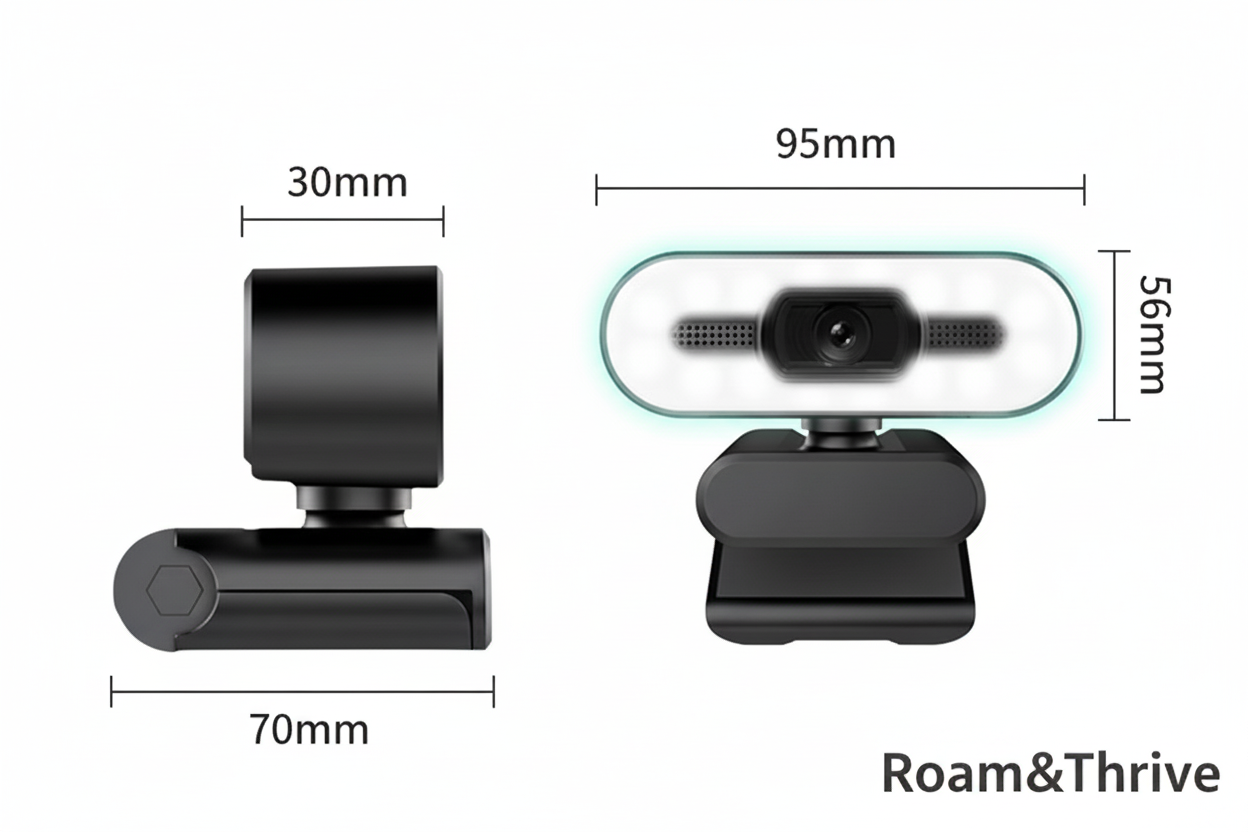 Webcam dimensions on white background with Roam&Thrive
