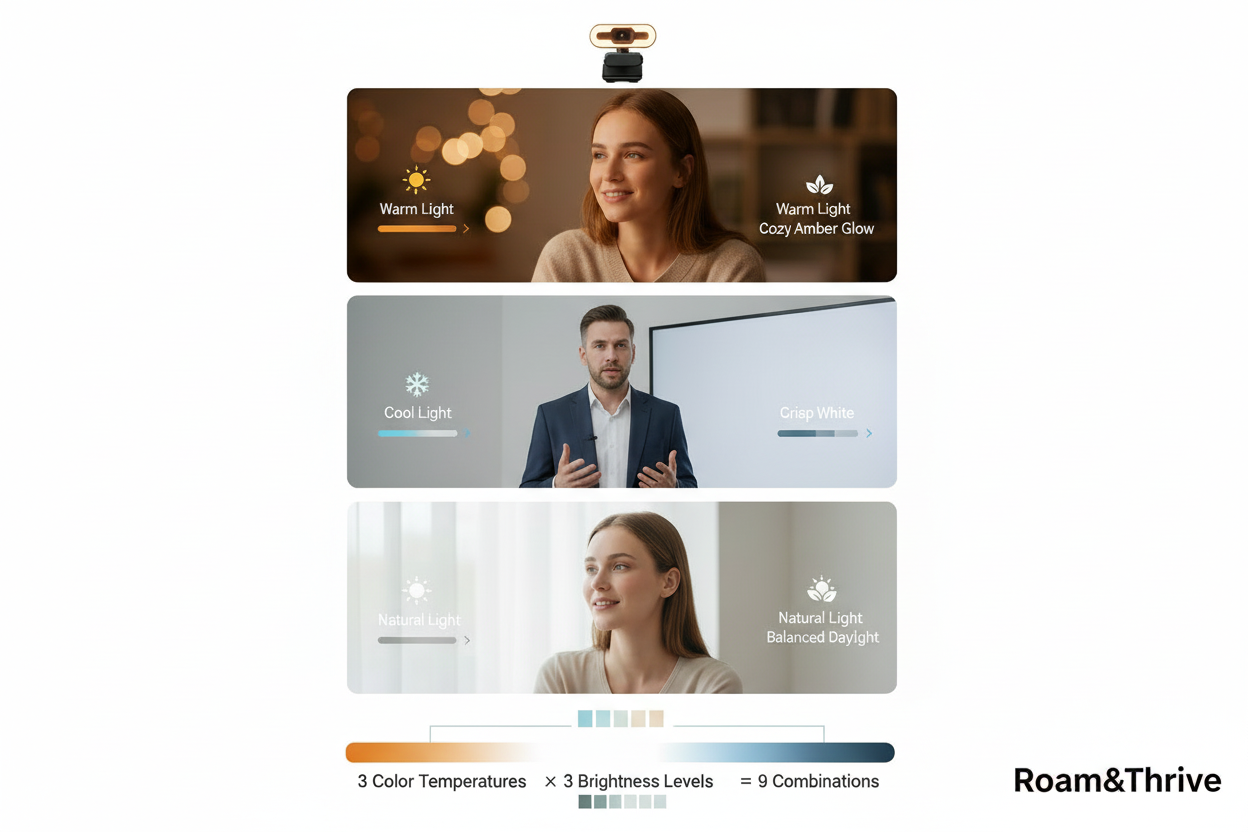 Webcam lighting demonstration on white background with Roam&Thrive
