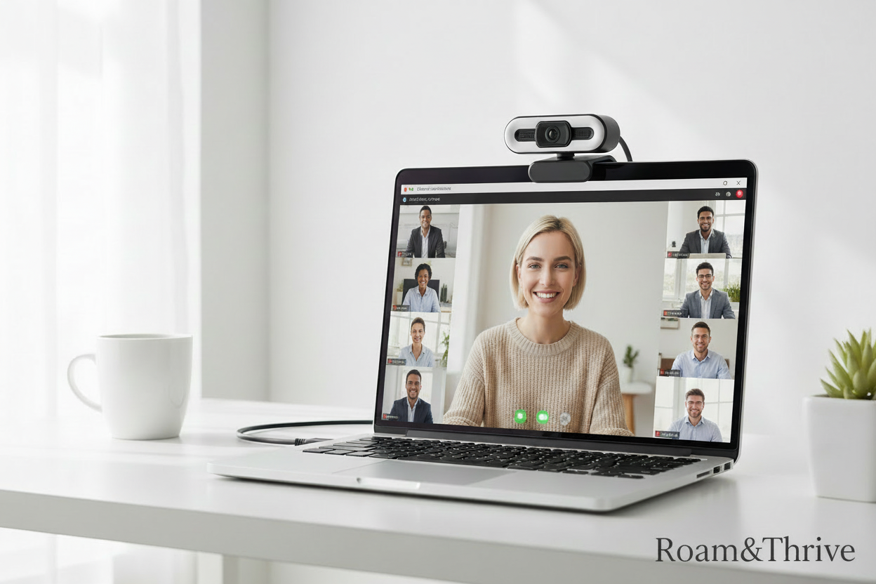 Webcam video conference with Roam&Thrive branding