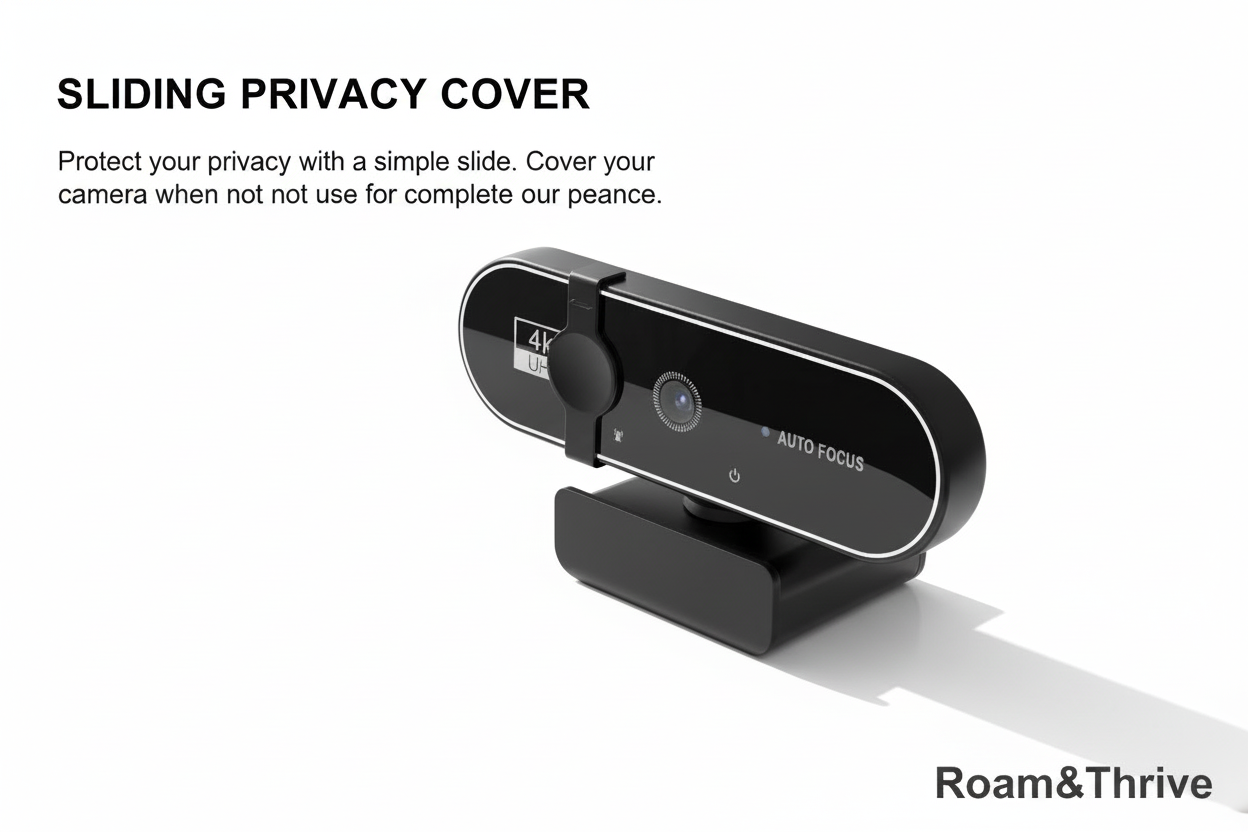 Webcam with sliding privacy cover on white background with Roam&Thrive branding