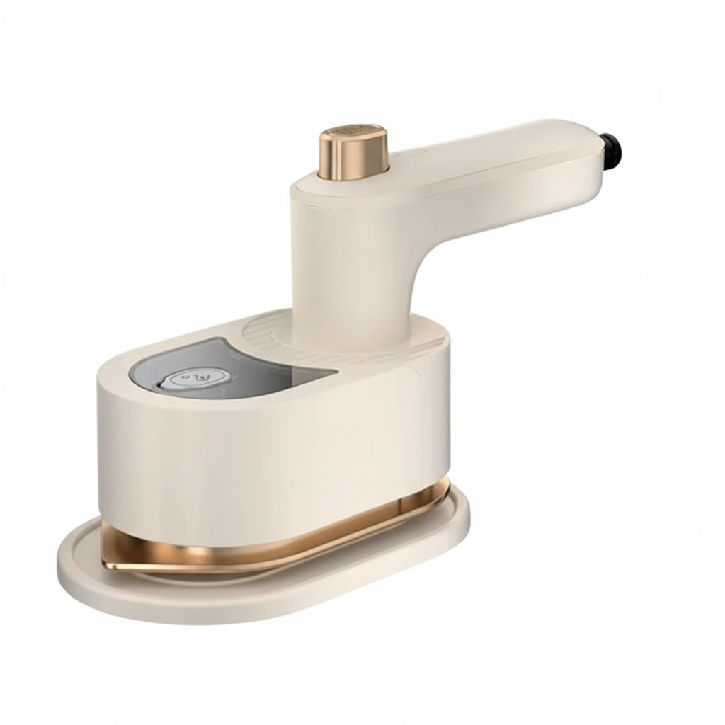 White steamer with charging base on white background