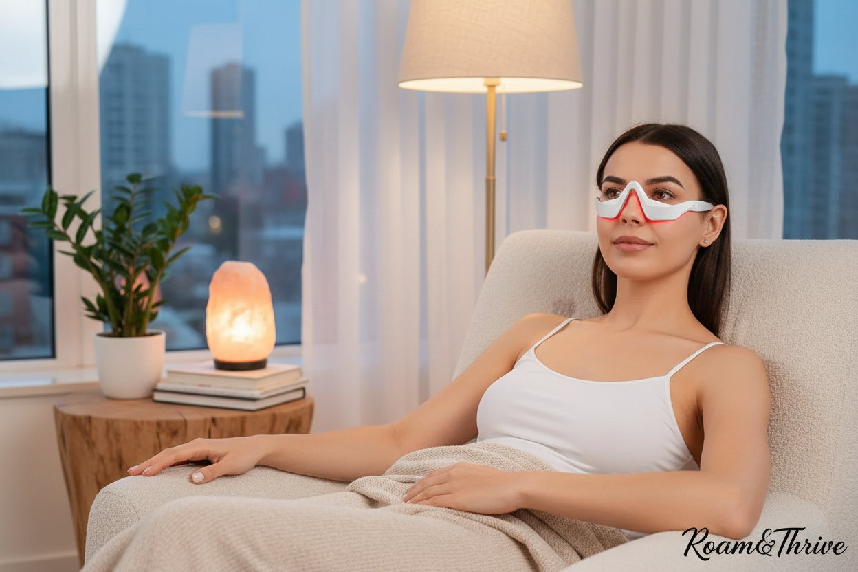 Woman relaxing with eye massager - different setting